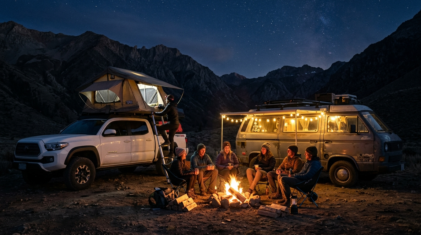 Une tente de toit au lever du soleil, posée sur un 4x4 dans un camping isolé